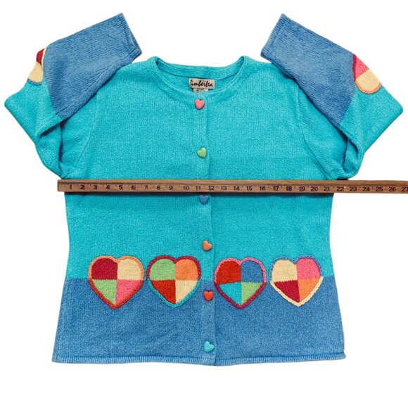 VTG Timberlea Women's XL Teal Cardigan Knitted Hearts Button Hearts Cottagecore - Picture 7 of 10